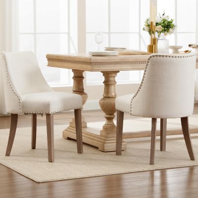 Kmax Fabric Dining Chairs Set of 2 Upholstered Side Chairs Farmhouse Accent Chairs with Nailhead Wood Legs for Dining Room Guest Room Restaurant, Cream