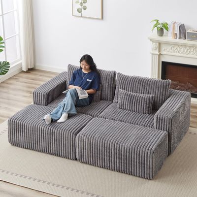 atosela 87" W Oversized Chair with Ottoman, 2-Seater Reading Chair with 4 Pillows, Comfy Corduroy Upholstered Modern Deep Seat for Living Room or Bedroom, Grey