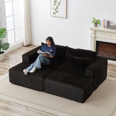 atosela 87" W Oversized Chair with Ottoman, 2-Seater Reading Chair with 4 Pillows, Comfy Corduroy Upholstered Modern Deep Seat for Living Room or Bedroom, Black