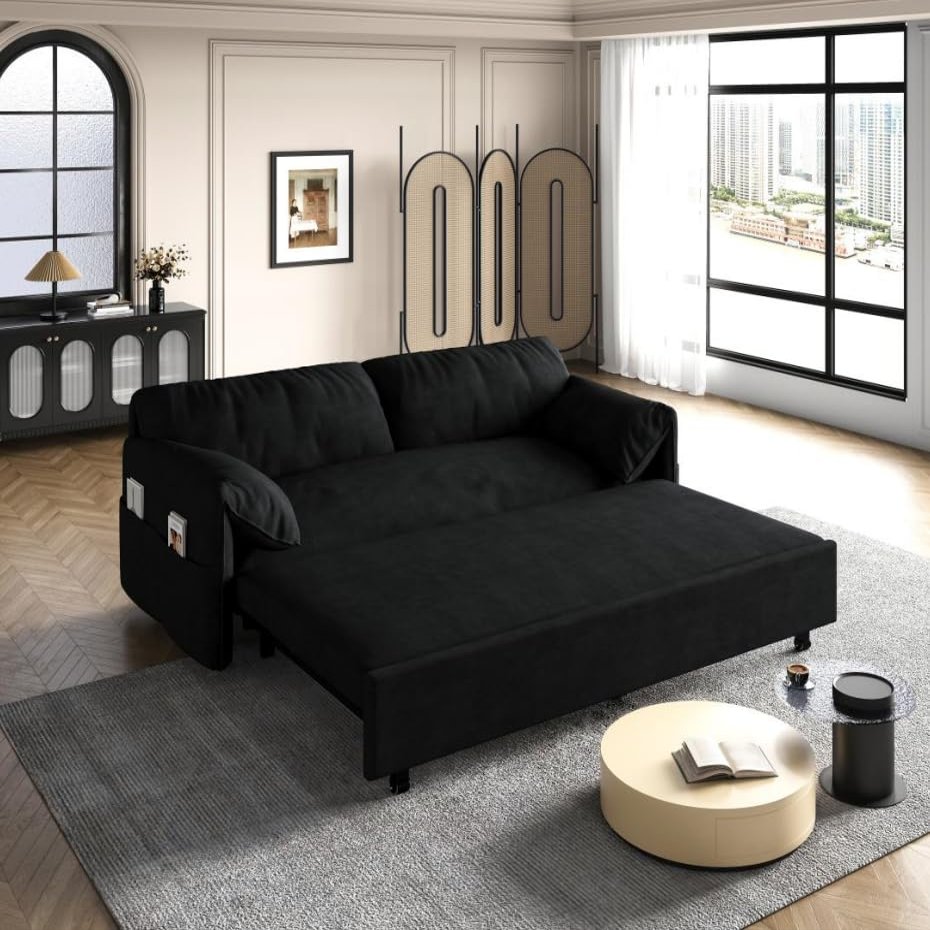 Brabrety 63.8 Queen Pull Out Sofa Bed,3-in-1 Convertible Sleeper Sofa with Trundle,Storage and 2 Soft Pillows,Velvet Loveseat Bed for Living Room Bedroom Apartment Office (Black@Pillows)