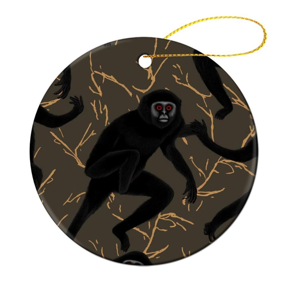 2024 Christmas Ornaments Set 2 Pack,Black Gibbon Monkey Print Christmas Tree Hanging Ornaments,Round Ceramic Ornaments for Christmas Tree Decoration