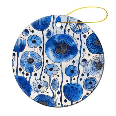 2024 Christmas Ornaments Set 2 Pack,White Blue Ink Print Christmas Tree Hanging Ornaments,Round Ceramic Ornaments for Christmas Tree Decoration