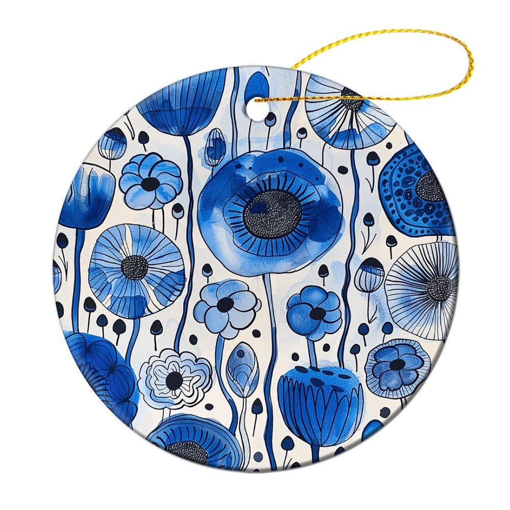 2024 Christmas Ornaments Set 2 Pack,White Blue Ink Print Christmas Tree Hanging Ornaments,Round Ceramic Ornaments for Christmas Tree Decoration