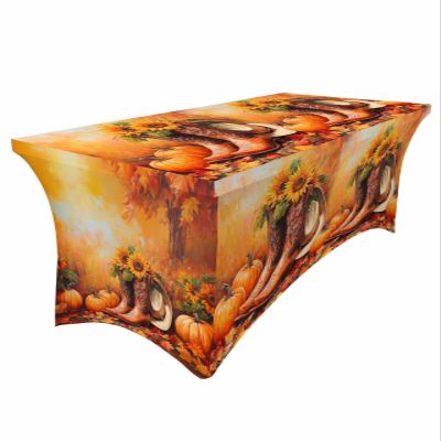 8 Ft Spandex Tablecloth for Rectangle Table, Fall Thanksgiving Cowboy Boots Hat Sunflower Pumpkin Maple Leaf Western Orange Stretch Fitted Table Cover Table Cloth Protector for Party Banquet
