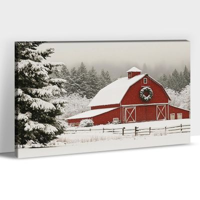 Farmhouse Decor Wall Art, Red Barn Canvas Forest Trees Prints Wall Decor, Vintage Christmas Winter Snow Scene Pictures Wall Art for Rustic Home Decor, Vintage Winter Posters for Bathroom 28"x40"