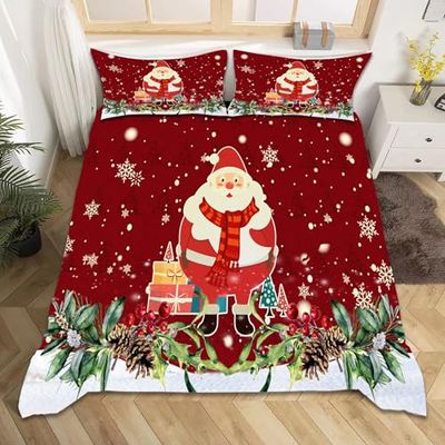 Fouiunler Christmas Bed Sheet Set,King Size Retro Red 4 Piece Set Christmas Tree Snowflake Santa Claus Pattern Print Duvet Cover,Soft and Cozy Microfiber Bedding