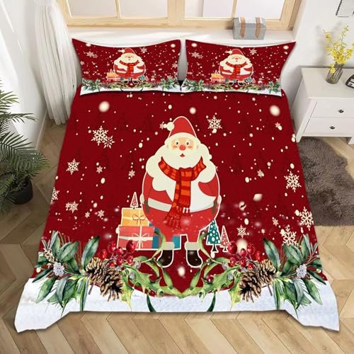 Fouiunler Christmas Bed Sheet Set,King Size Retro Red 4 Piece Set Christmas Tree Snowflake Santa Claus Pattern Print Duvet Cover,Soft and Cozy Microfiber Bedding