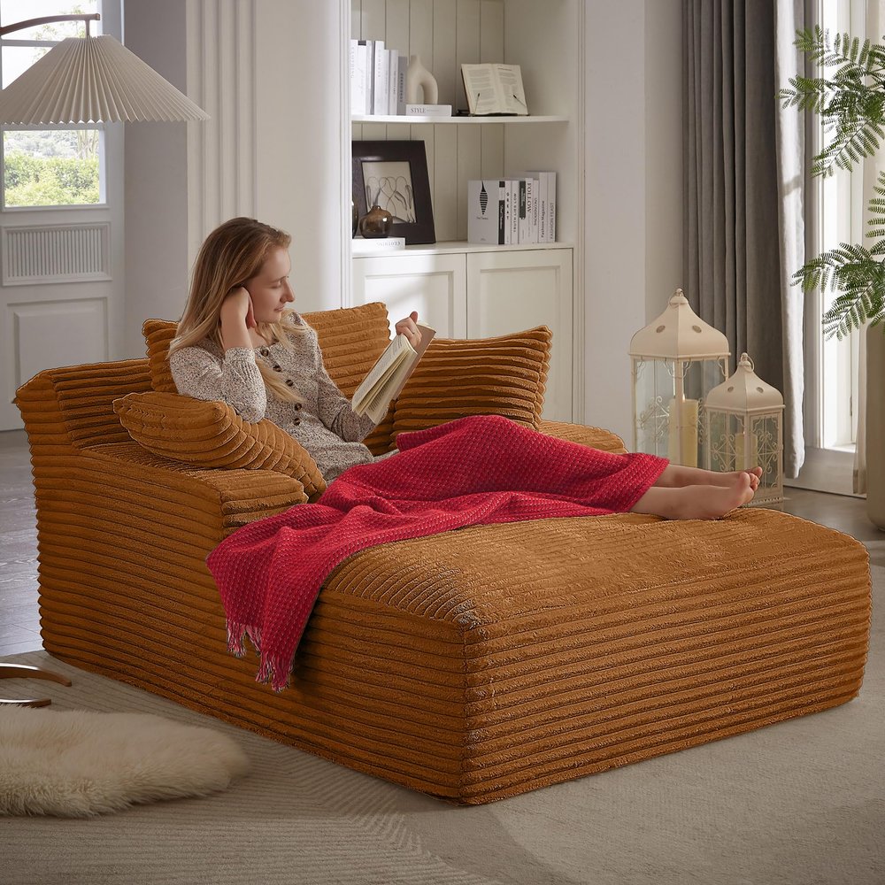 HRVEOCEI 67" Chaise Lounge Indoor, Oversized Chaise Lounge Chair with 3 Comfy Pillows for Living Room Bedroom, Wide Arms Corduroy Fabric High-Density Foam No Assembly Required (Orange)
