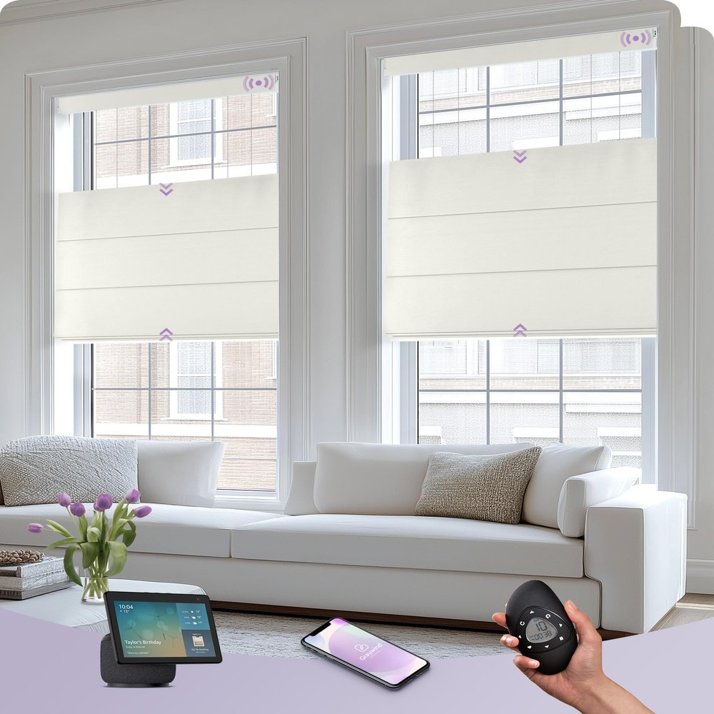 Graywind Smart Top Down Bottom Up Roman Shades Compatible with Alexa Google Solar Powered Motorized TDBU Shades for Windows Custom Size (Blackout Textured Series)
