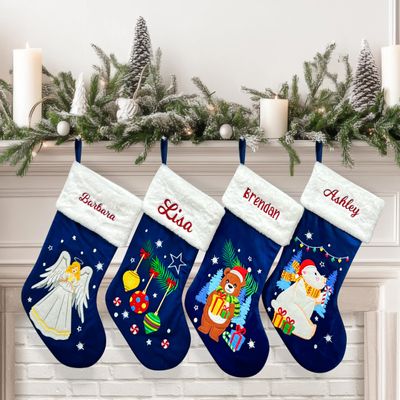 TEEAMORE Personalized Blue Velvet Christmas Stocking Custom Blue Christmas Stocking Holiday Christmas Party Decor 1 Pack