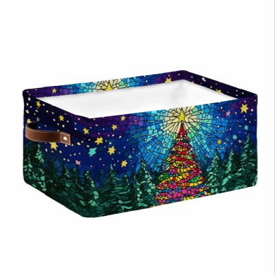 1 Pack Storage Basket for Organizing,Merry Christmas Tree Colorful Glasses Shelves Storage Bins with Handles Collapsible Organizer Cube for Nursery Toys/Laundry/Closet,Winter Night Star Forest
