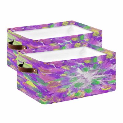 2 Pack Storage Basket for Organizing,Abstract Oil Painting Art Color Block Shelves Storage Bins with Handles Collapsible Organizer Cube for Nursery Toys/Laundry/Closet,Purple Green Yellow Ombre