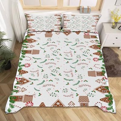 Fouiunler White Sheet Set Duvet Cover, King Size Christmas Snowman Cabin Holly Leaf Berries Printed Microfiber Sheet Set 4 Piece,Easy Fit Machine Washable Durable Bed Sheet Sets