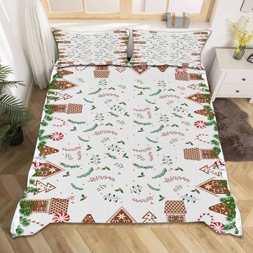 Fouiunler White Sheet Set Duvet Cover, King Size Christmas Snowman Cabin Holly Leaf Berries Printed Microfiber Sheet Set 4 Piece,Easy Fit Machine Washable Durable Bed Sheet Sets