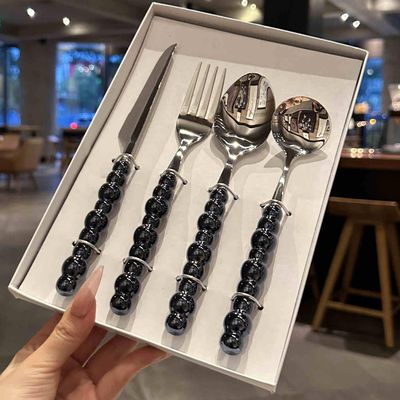 Pearl Silverware Set for 8 With Black Handle,Premium Stainless Steel Flatware Set,Mirror Polished Cutlery Utensil Set Durable Kitchen Eating Tableware Set Forks Knifes Spoons Set 32 Pcs