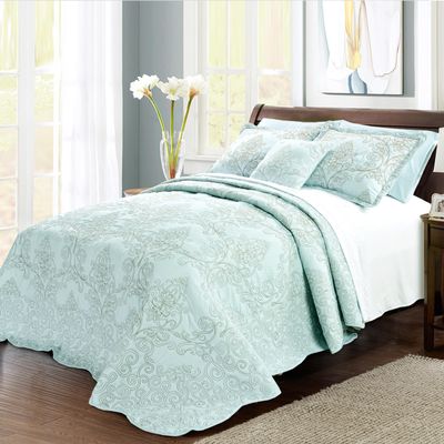 Home Soft Things Damask 4 Piece Bedspread Set, Scalloped Edge Reversible Coverlet Comforter Prewashed Bedding Set, Matelasse Embossed Floral Solid Pattern, Blue, Queen (90" x 90")