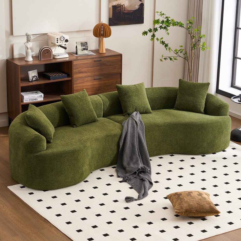 Curve Modular Sofa Couch, Deep Seat Cloud Couch, No Assembly Required Sofa Set, Chenille Fabric 4-Seater Comfy Cloud Couches for Living Room Apartment Office-Green