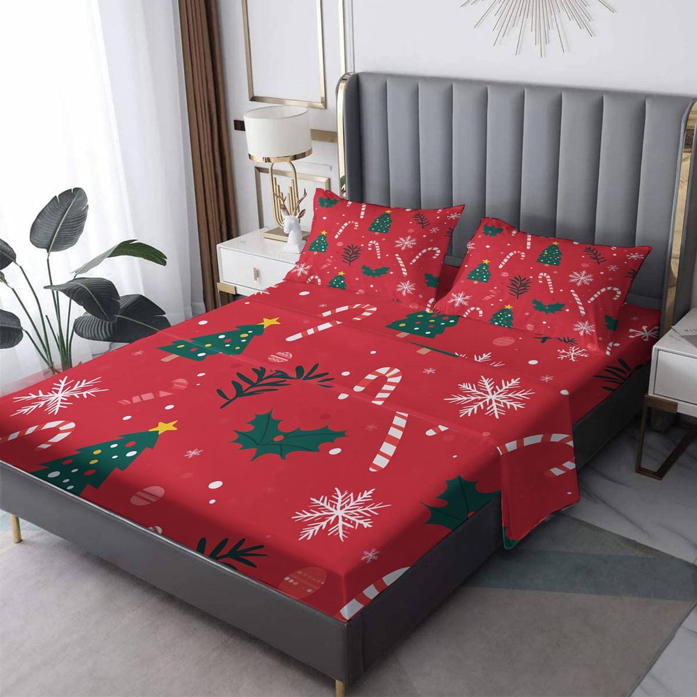 Rejkxyw Cane Candy Christmas Sheets Cal King Size, Red Xams Tree Holiday Sheet Set, Holly Berry Bed Sheets - 14 Inch Deep Pocket, Ultra Soft Winkle Free Microfiber Bedding Sheets & Pillowcases 4 Piece