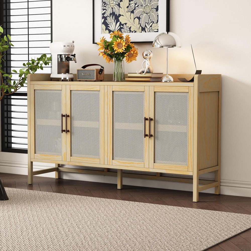Eailaveo Rustic Sideboard Cabinet, Freestanding Buffet Sideboard with Decorative Rattan Doors and Adjustable Shelves for Entryway, Dining Room Or Living Room (Natural)