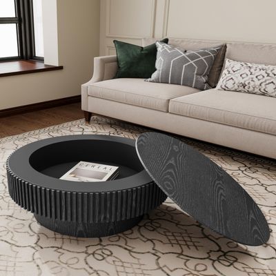 31.5" Round Coffee Table with Storage, Solid Wood Coffee Table for Living Room Mid Century Modern Contemporary Circle Accent Center Table for Living Room, Small Space, Apartment, Black