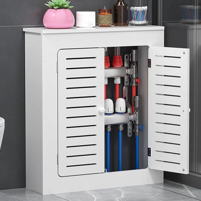 Snaweo PVC Radiator Cover, White Heater Cover Cabinet Shelf, Heating Cabinet Shelf Bathroom Floor Cabinet with 2 Doors and Modern Horizontal Design Grill Slats, for Home and Office(L70xH70xW15cm)