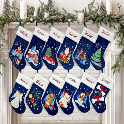 TEEAMORE Custom Blue Velvet Christmas Stocking 5 Pack Personalized Embroidered Blue Stocking 18" Fireplace Hanging Decorations