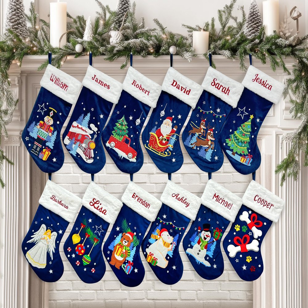 TEEAMORE Custom Blue Velvet Christmas Stocking 5 Pack Personalized Embroidered Blue Stocking 18" Fireplace Hanging Decorations
