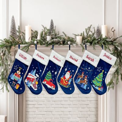 NACRE APPAREL Blue Velvet Stocking Custom Embroidered Family Stockings Night Embroidered Festive Holiday Xmas Party Decor 1 Pack