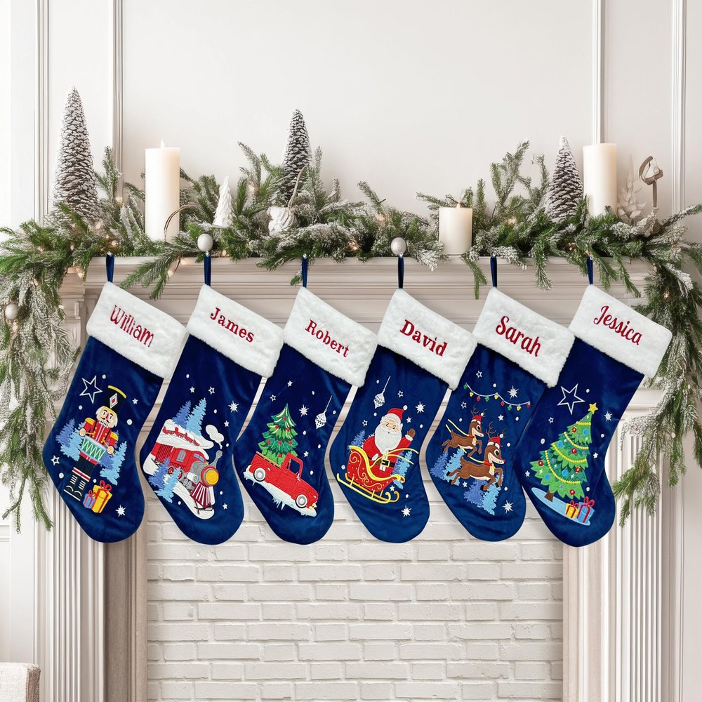 NACRE APPAREL Blue Velvet Stocking Custom Embroidered Family Stockings Night Embroidered Festive Holiday Xmas Party Decor 1 Pack