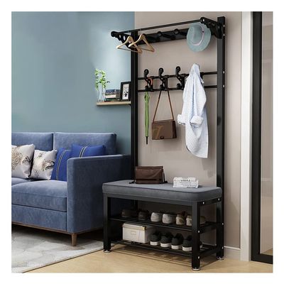 OUZVI Clothes Rail Rack Coat Rack Stand, MultifunctionaCoat Stand with 7 Removable Hooks, 2-Layer Hallway Shoe Rack,Quick Assembly, Entryway Storage Shelf ((Black 60 * 33 * 172cm)