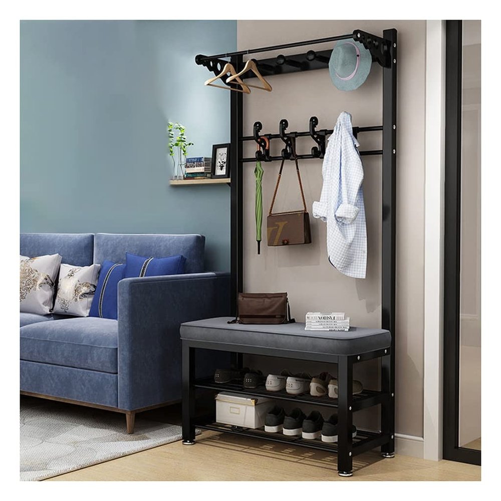 OUZVI Clothes Rail Rack Coat Rack Stand, MultifunctionaCoat Stand with 7 Removable Hooks, 2-Layer Hallway Shoe Rack,Quick Assembly, Entryway Storage Shelf ((Black 60 * 33 * 172cm)