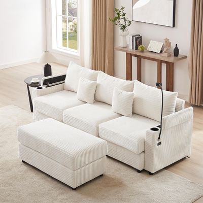 95.3" Modern Style 3-Seater Sofa Sectional Sofa Couch with Storage Space, A Movable Ottoman, Two USB Ports, Two Cup Holders, A Phone Holder for Bedroom Living Room Office Apartment (Beige-3-Seater)