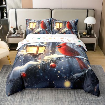 Xmas Cardinals 100% Nature Cotton Bedding Set (No Filler) Twin Size Cartoon Bird Duvet Cover with 1 Pillow Sham Merry Christmas Comforter Cover Set 2 Pcs