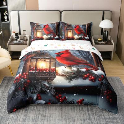 100% Nature Cotton Xmas Cardinals Duvet Cover Set (No Comforter) Cartoon Bird Winter Comforter Cover Set Twin Size with 1 Pillowcase Merry Christmas Bedding Set