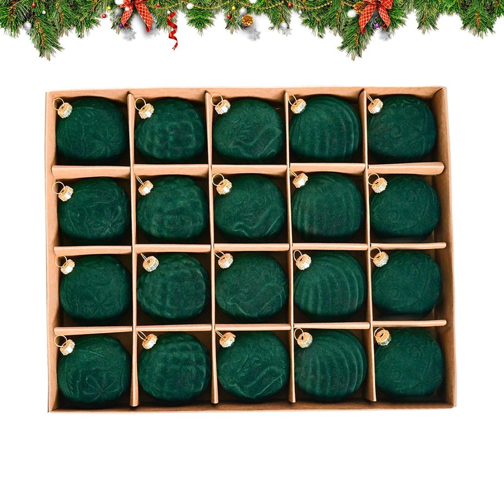 20 Pack Velvet Christmas Baubles, Shatterproof Christmas Tree Ornaments - Velvet Balls Set, Green/Red Flocked Ball Ornaments