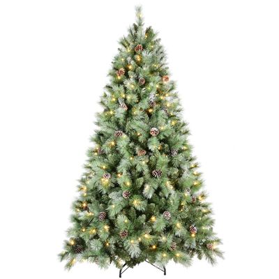 8ft Prelit Christmas Tree with 550 Lights & 1858 Branch Tips, Premium Artificial Pine Christmas Tree with Pine Cone & Pine Needles, Memory Wire Full Hinged Xmas Tree with Foldable Base for Holiday