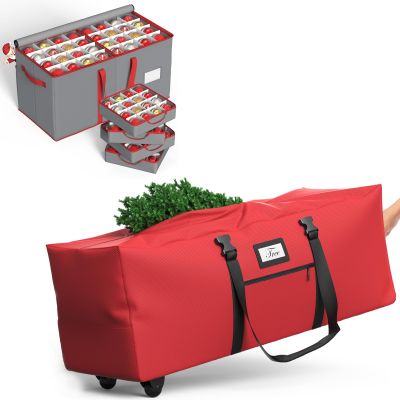 Winpull Rolling Christmas Tree Storage Bag Fits Up to 9 Ft Tall Disassembled Tree + Christmas Ornament Storage Box, Fits 128 Holiday Ornaments, 8 Trays, Adjustable Dividers and Large Pockets