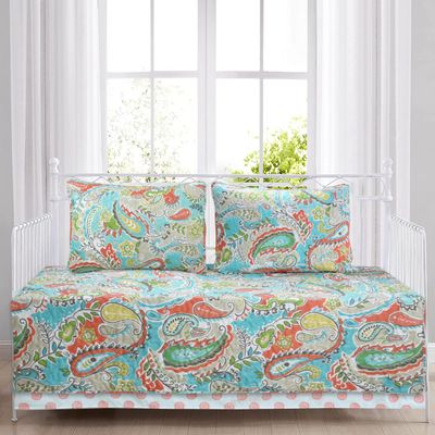 Azalea Floral Chintz Paisley Microfiber Reversible Quilt Bedding Set Coverlet, Bedspread, Turquoise Blue, 4-Piece Daybed Cover Set