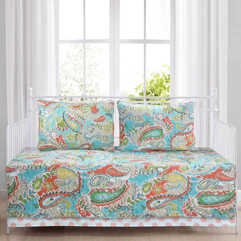 Azalea Floral Chintz Paisley Microfiber Reversible Quilt Bedding Set Coverlet, Bedspread, Turquoise Blue, 4-Piece Daybed Cover Set