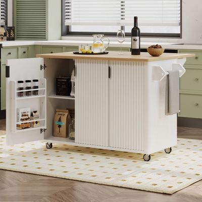 Merax 51" Kitchen Island on Wheels, Rolling Kitchen Island with Drop Leaf, Internal Storage Rack, Towel Rack for Dining Room House Bar, White