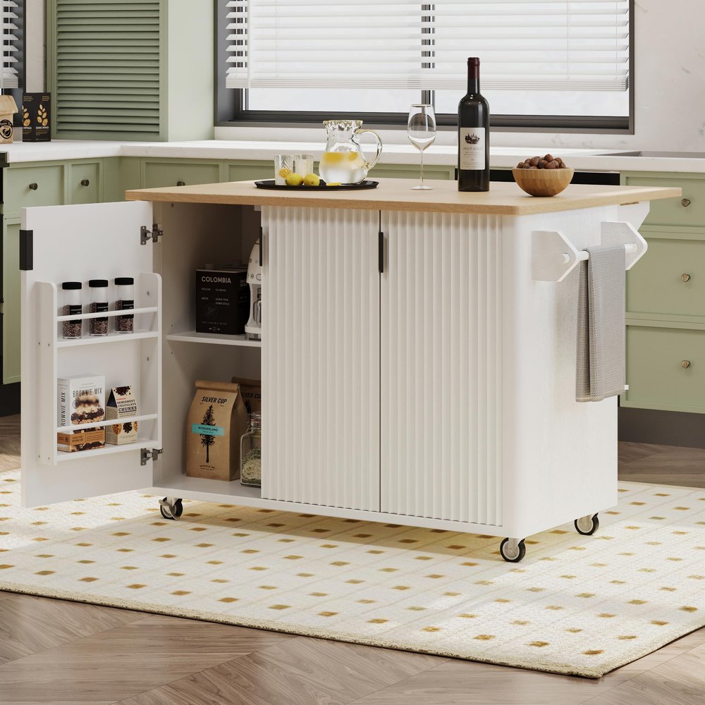 Merax 51" Kitchen Island on Wheels, Rolling Kitchen Island with Drop Leaf, Internal Storage Rack, Towel Rack for Dining Room House Bar, White