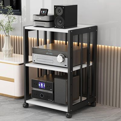 JIAOCKJIAO AV Audio Rack, Modern Media Storage Cabinet, Video Media Stand with Adjustable Shelves, Stable Steel Frame, Open Storage Shelf, for Home, Office, Theater(White+Black,3 Tier 50x40x69CM)
