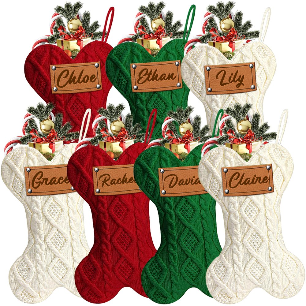 MATONGO Personalized Pet Dog Christmas Stocking, Custom Bone Knit Christmas Stocking Large 16.5 Inch with Laser-Engraving Name, Customized Xmas Stocking, Gifts for Family Kids-Set of 7
