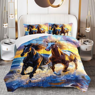 OUIXOTIC Kids Horse Twin Size Comforter Set, Galloping Horse Comforter for Girls Teens, 3D Wild Animal Decor Quilt Set Bedroom Collection 4Pcs Full Size