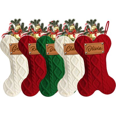 MATONGO Personalized Pet Dog Christmas Stocking, Custom Bone Knit Christmas Stocking Large 16.5 Inch with Laser-Engraving Name, Customized Xmas Stocking, Gifts for Family Kids-Set of 5