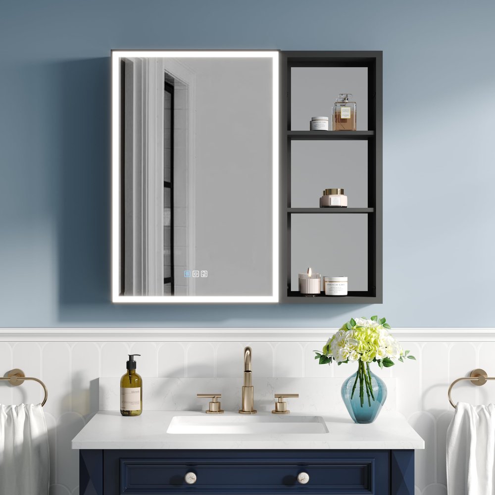 WELLFOR 32" X 30" LED Mirrored Bathroom Cabinet with Black Side Cabinet, Bathroom Mirrored Cabinet with Defog Mirror, Recessed or Surface, Left Opening Door, Adjustable Lighting, with USB Outputs