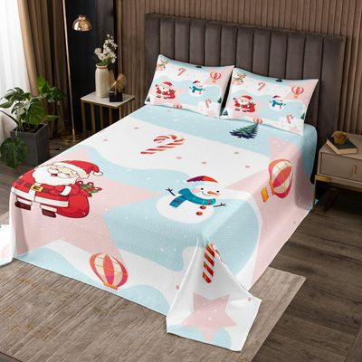 Manfei Christmas Kids Bedspread Twin Size, Cute Snowman Santa Claus Deer Coverlet Set for Boys Girls, Western New Year Quilted Coverlet with 1 Pillowcase, Soft Polyester Bedding Quilt