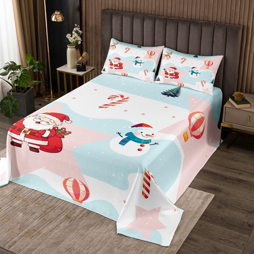 Manfei Christmas Kids Bedspread Twin Size, Cute Snowman Santa Claus Deer Coverlet Set for Boys Girls, Western New Year Quilted Coverlet with 1 Pillowcase, Soft Polyester Bedding Quilt