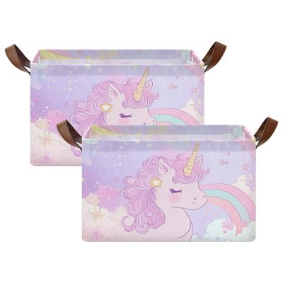 Watercolor Purple Unicorn Rainbow Baby Storage Basket with Labels&Handles Rectangular Waterproof Nursery Storage Bins Collapsible Shelf Organizer Baskets for Kids Books Cloth Gift Toys Laundry, 2 Pack