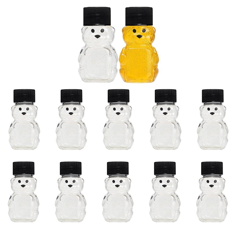 DDRAUY 12 Sets 2oz Honey Bottles,Plastic Mini Honey Jars Party Favors,Bear Shape Clear Empty Honey Jar with Screw Lid for Storing and Dispensing (Black)